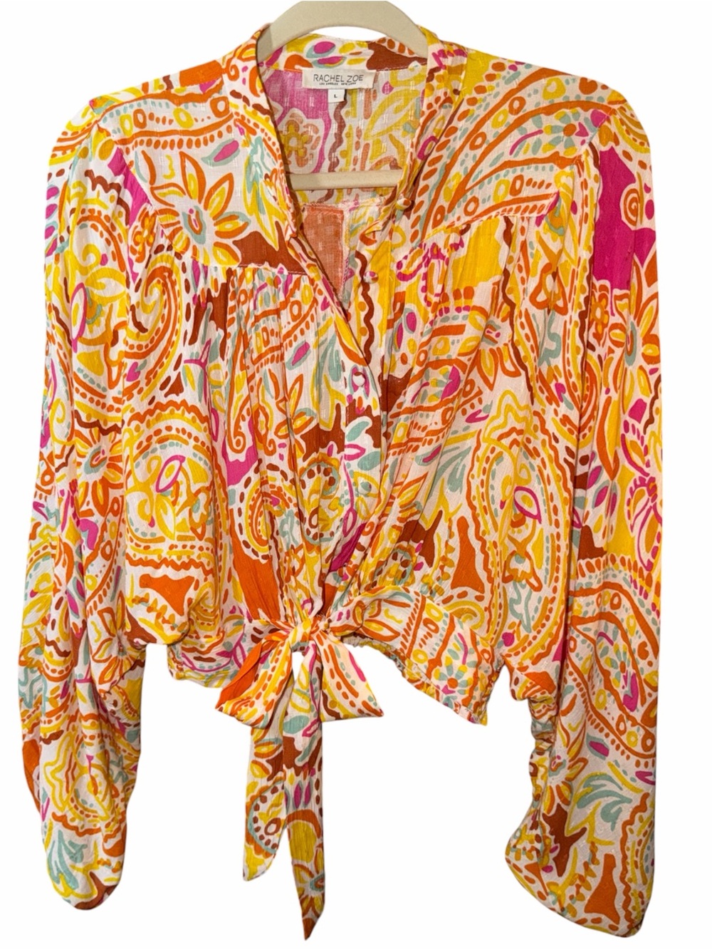 Rachael Zoe Tie-Front Boho Blouse With Long Elastic Balloon Sleeves. Size: Large